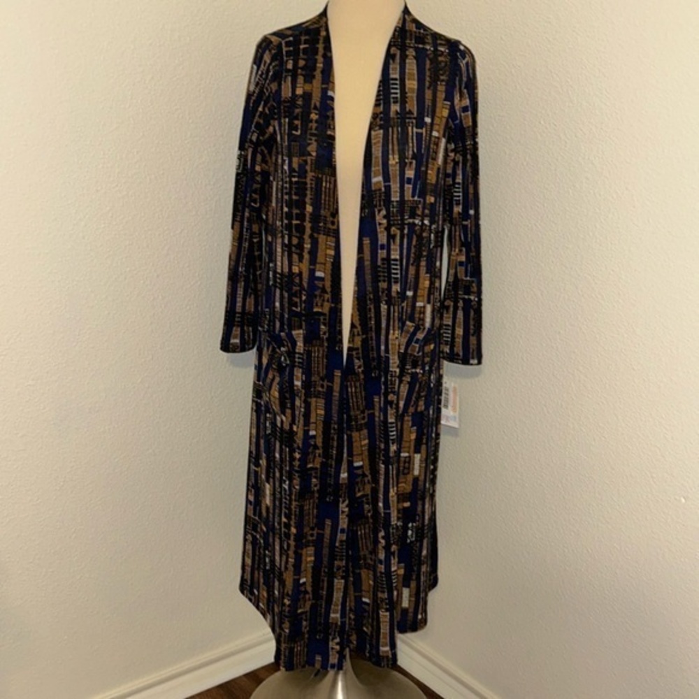LuLaRoe Sarah Blue Brown Autumn Fall Topper Duster Long Jacket Travel S Small
